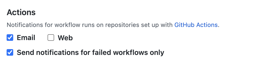 Captura de tela da seção "Ações" das "Configurações de Notificação" com caixas de seleção: "Email", "Web" e "Enviar notificações apenas para fluxos de trabalho falhos."