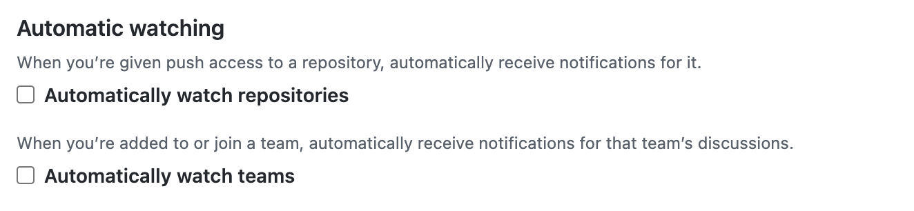 Captura de tela das opções de "Observação automática" para equipes e repositórios.
