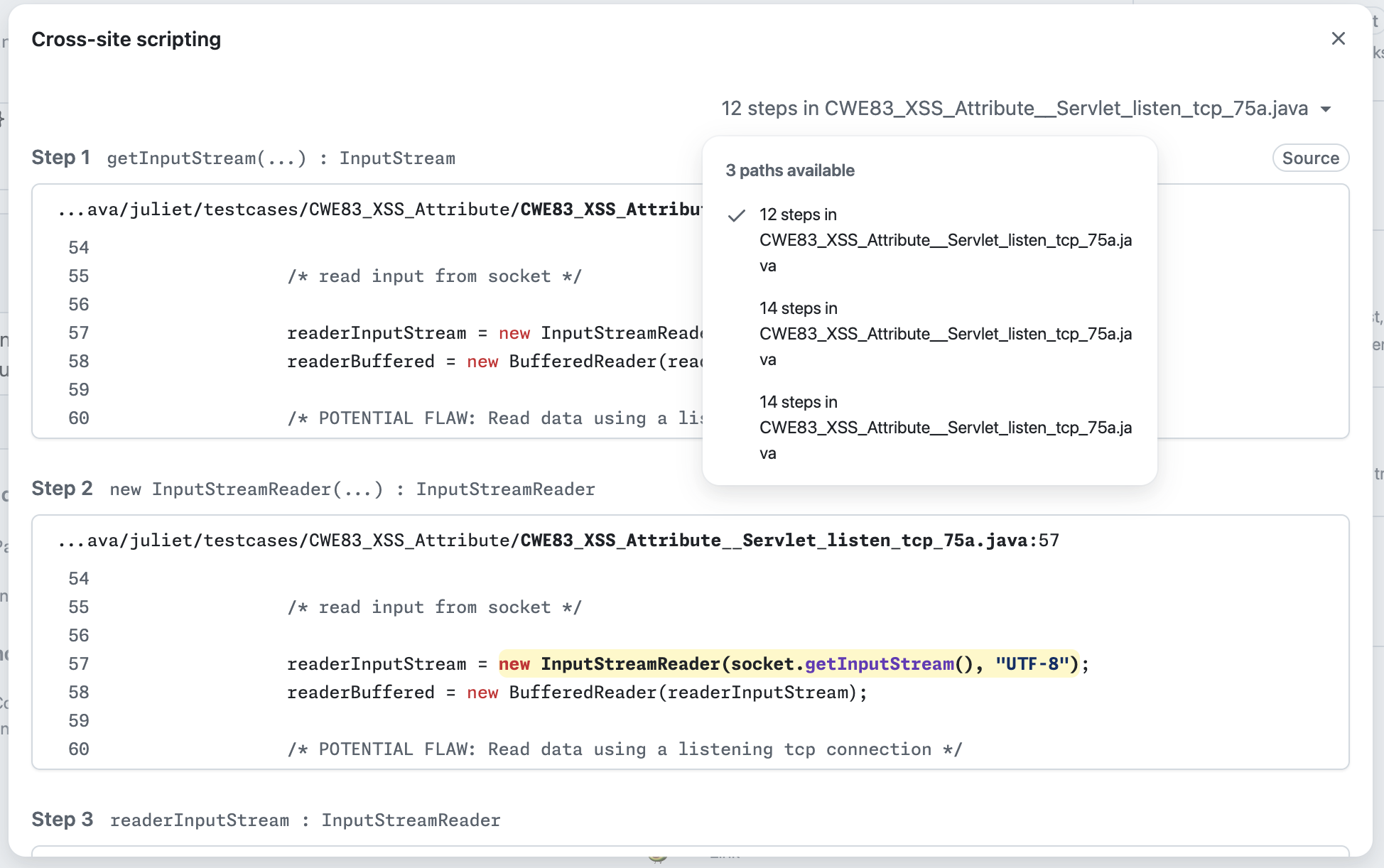 Screenshot of a code scanning alert detail page showing the paths dropdown with "3 paths available".