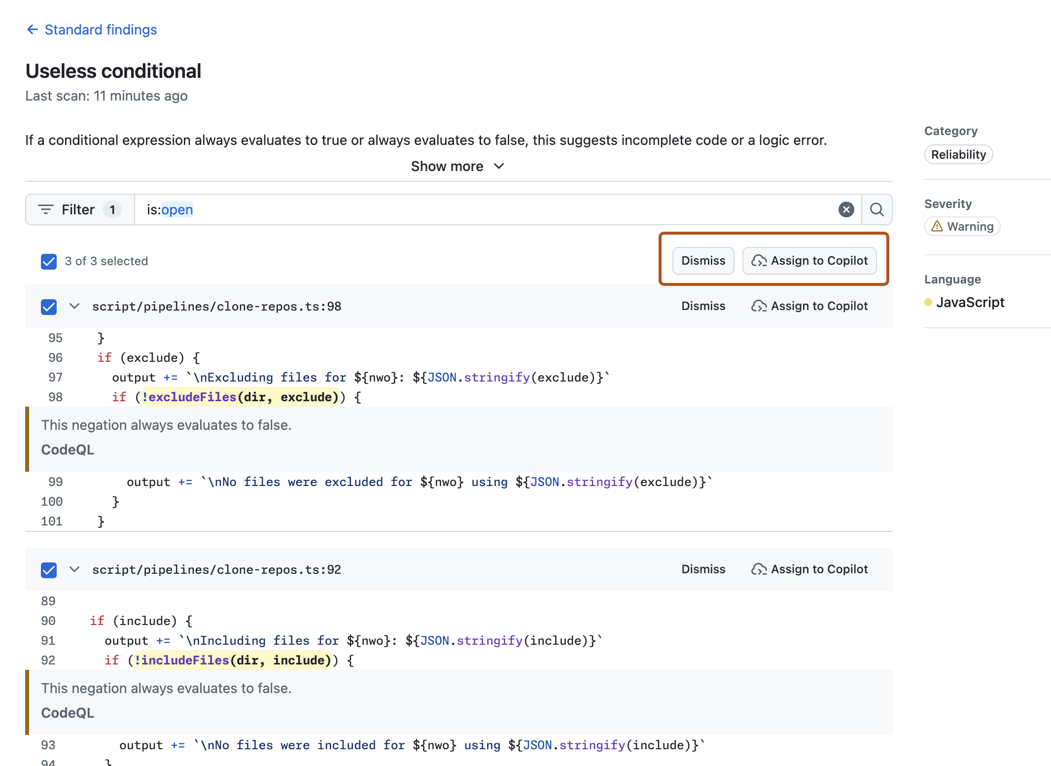 Screenshot of the "Standard findings" view. The "3 of 3 selected" checkbox and the "Dismiss" and "Assign to Copilot" buttons are outlined in orange.