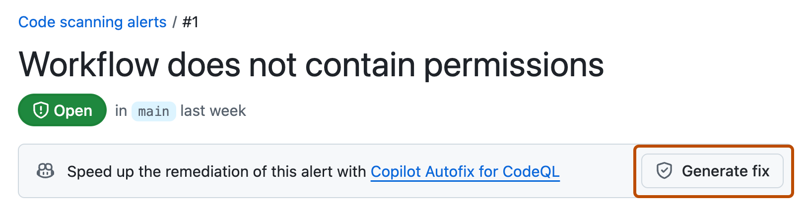 GitHub.com 上的代码扫描警报的屏幕截图。 标记为“生成修补程序”的按钮以橙色显示。