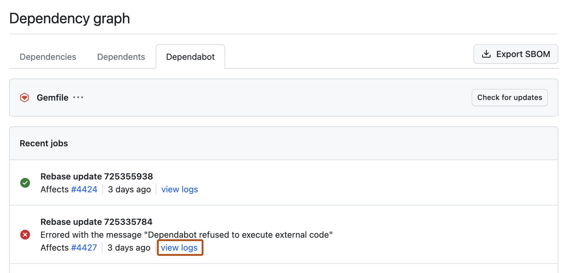 Screenshot of the Dependabot job log entries for a manifest file. A button, called "View logs," is highlighted in a dark orange outline.