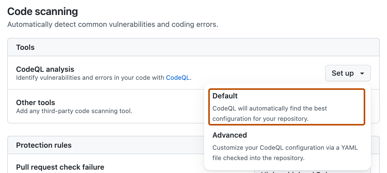 Captura de pantalla de la sección "Code scanning" de la configuración "Advanced Security". El botón "Configuración predeterminada" está resaltado con un contorno naranja.
