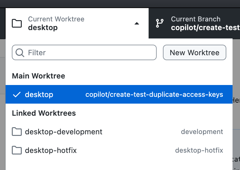 Screenshot of the worktree dropdown showing "Main worktree" and "Linked worktrees" groups with a checkmark on the active worktree.