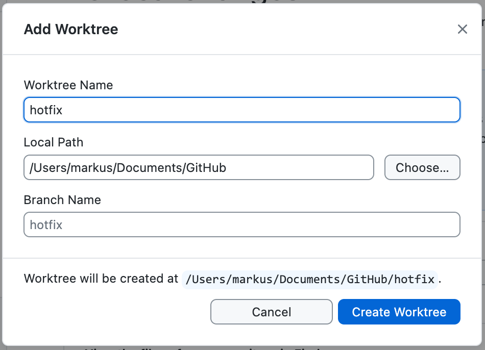 Screenshot of the "Add worktree" dialog on a Mac, showing name, path, and branch fields.