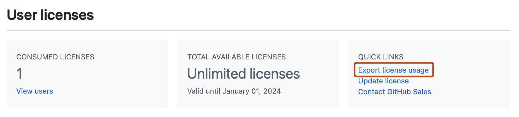 Capture d’écran de la section « Licences utilisateur » de la page « Licence ». Un lien intitulé « Utilisation des licences d'exportation » est souligné en orange foncé.