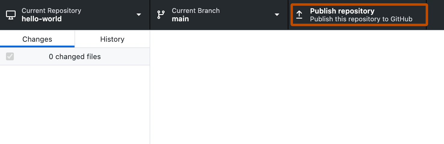 Screenshot der Repository-Leiste. Eine Schaltfläche mit der Beschriftung „Repository veröffentlichen“ ist durch einen orangefarbenen Rahmen hervorgehoben.