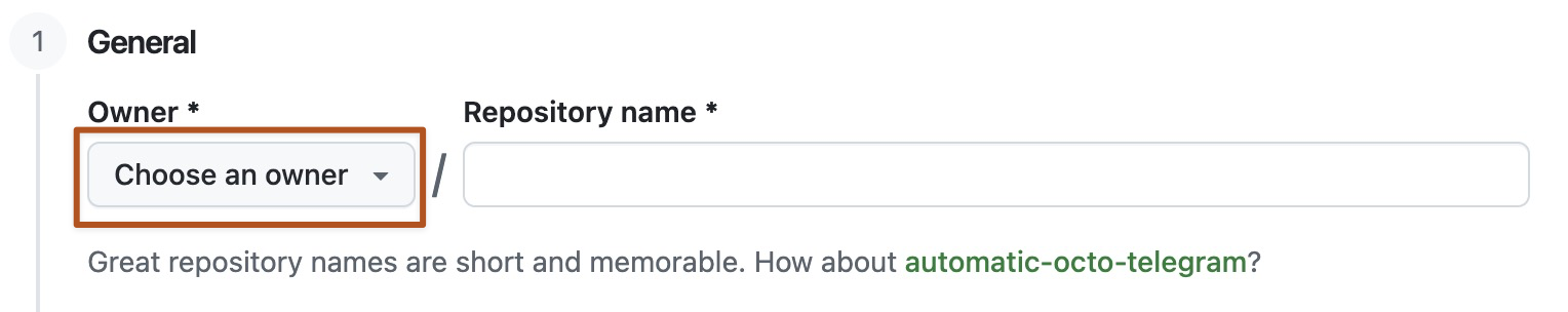 Capture d’écran du menu propriétaire d’un nouveau référentiel GitHub. Le menu montre deux options, octocat et github.