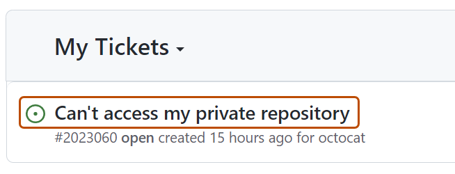 Captura de tela mostrando uma lista de tíquetes de suporte. O assunto do ticket, "Não consigo acessar meu repositório privado", está destacado em laranja.