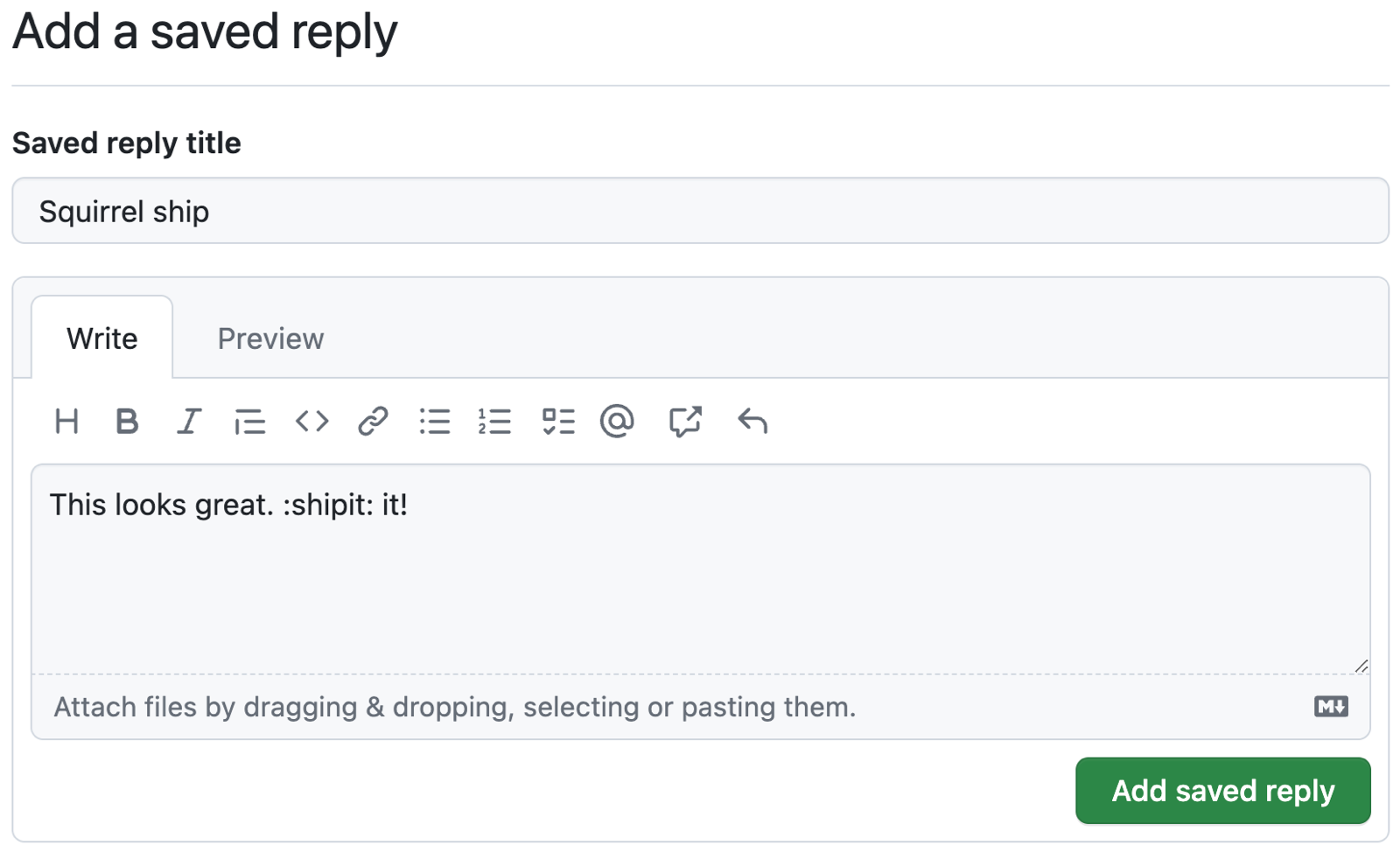 Capture d'écran d'une GitHub réponse enregistrée intitulée « Squirrel ship » montrant Markdown dans la case « Write ». Le texte indique : « Cela a l'air génial. » :shipit: it! »